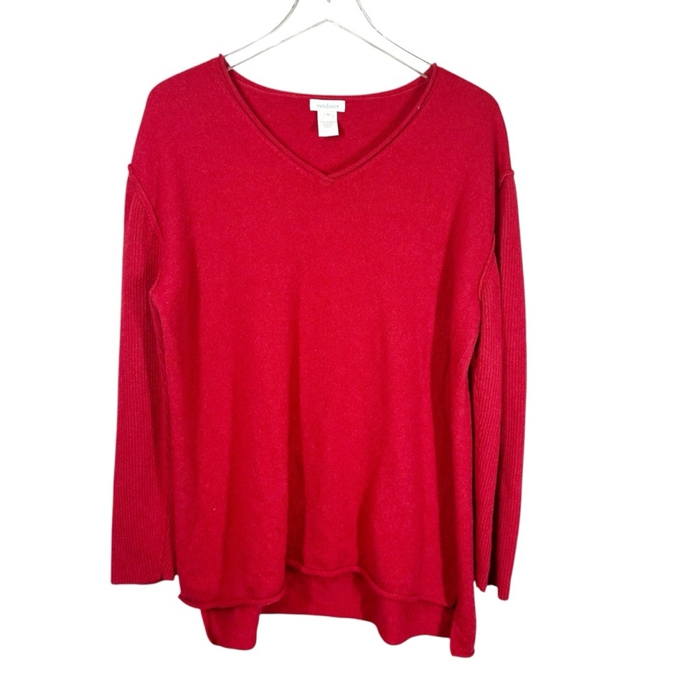 SUNDANCE Women's XL Red Cashmere V-Neck Lightweight Sweater with Ribbed Sleeves